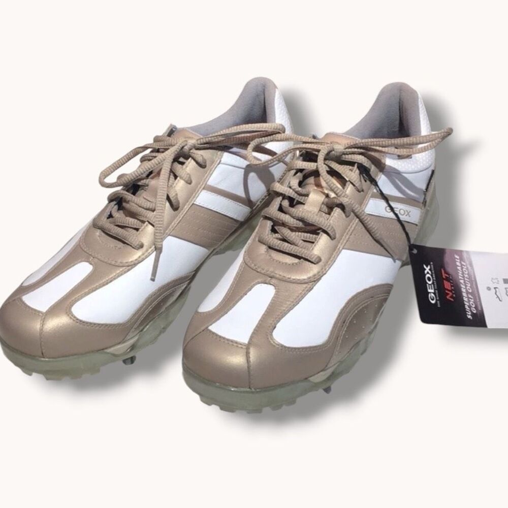 Geox NET System Gold White Leather Spiked Golf Shoes NWT EU 41